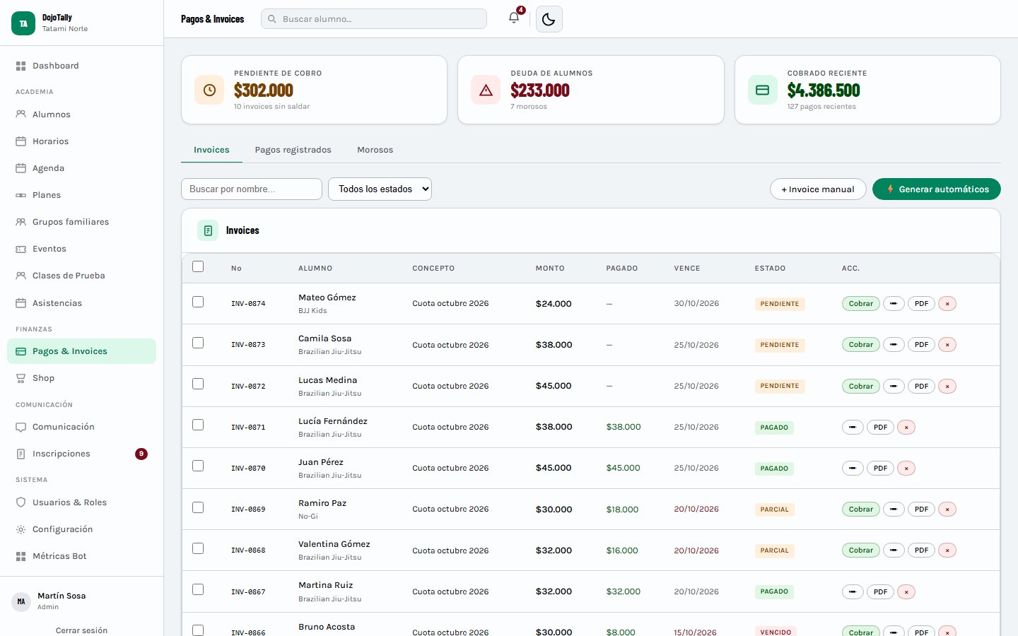 Pantalla de cuotas e invoices